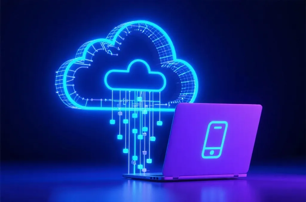 Abstract digital visualization of cloud synchronization, glowing data lines connecting a laptop and a mobile phone icon